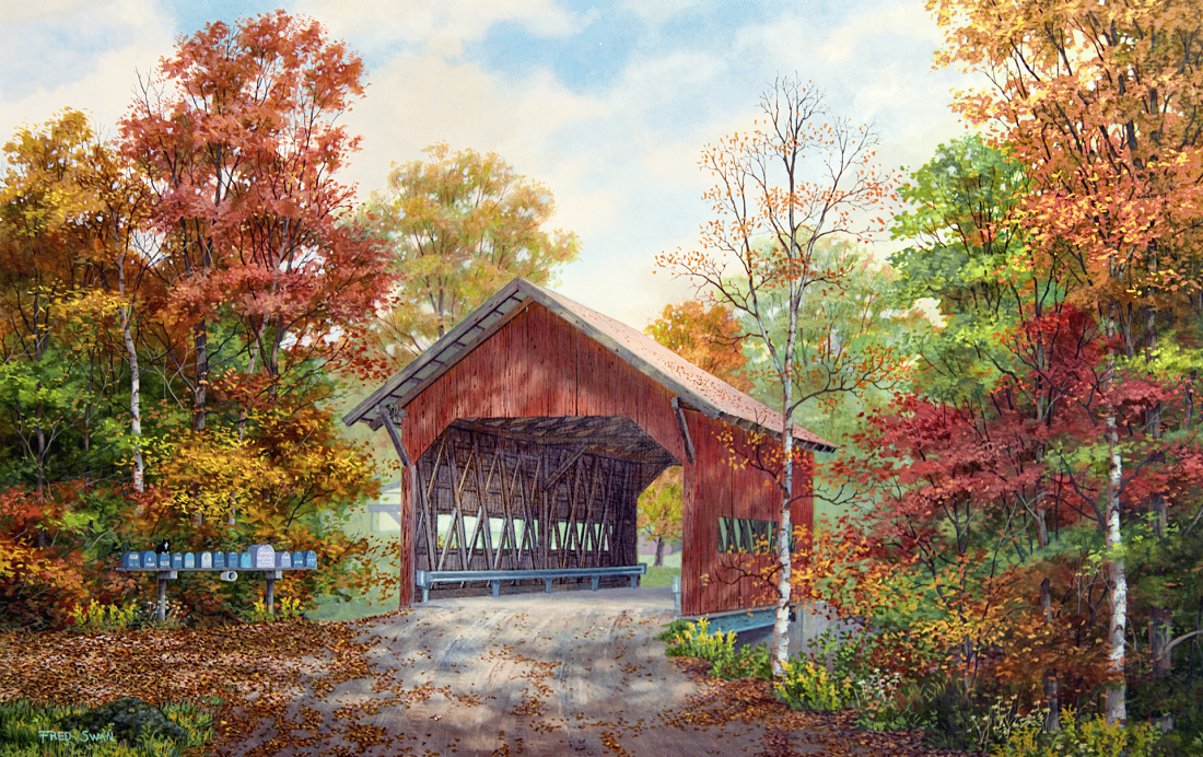 Brookdale Bridge Autumn - American Realist Painting by Fred Swan