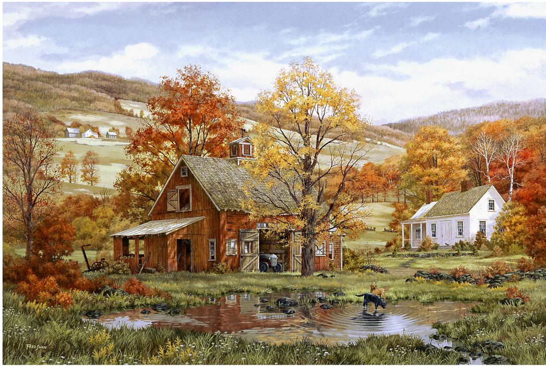 Friends In Autumn - American Realist Painting by Fred Swan