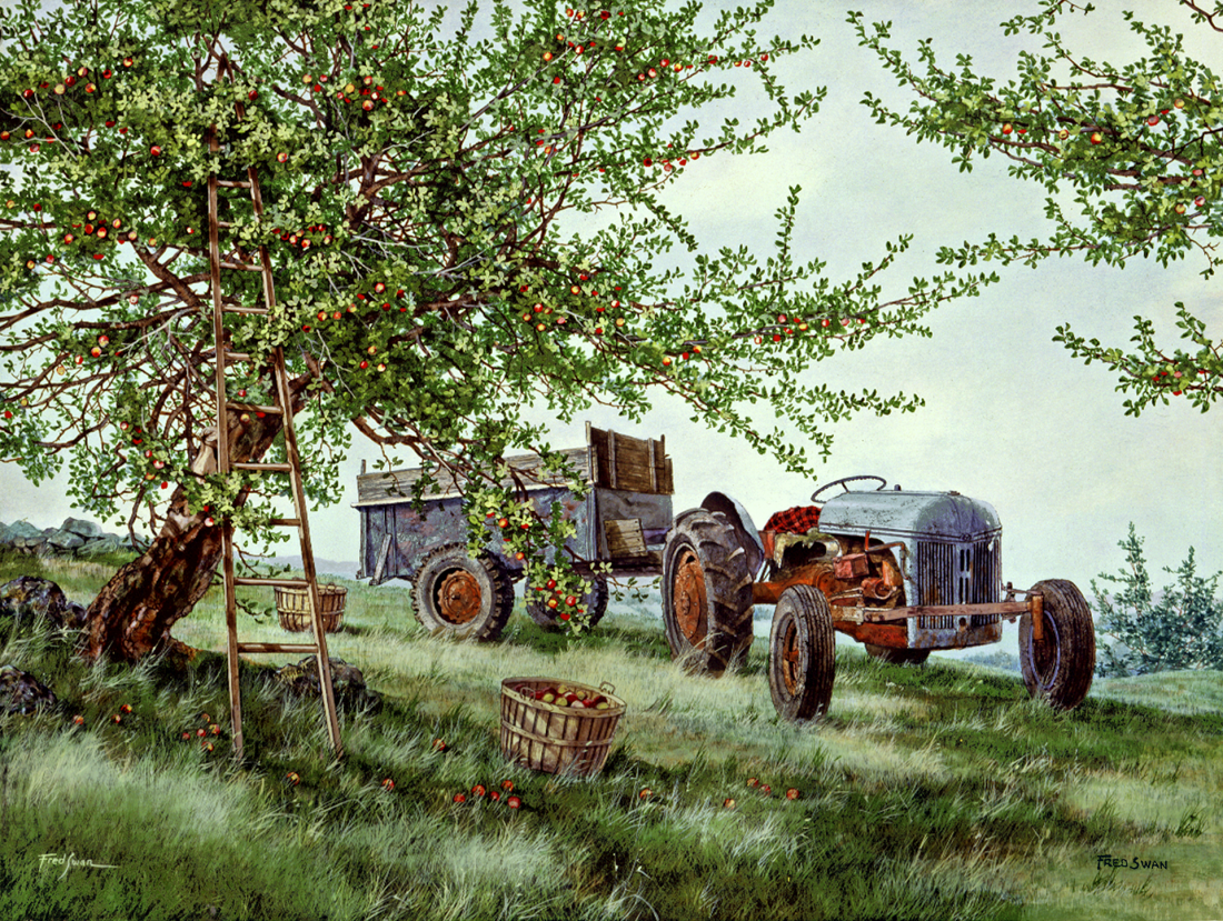 Gathering Apples - American Realist Painting by Fred Swan