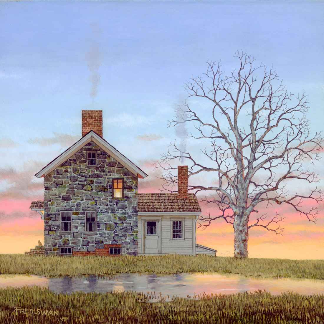 Stone House At Sunset - American Realist Painting by Fred Swan