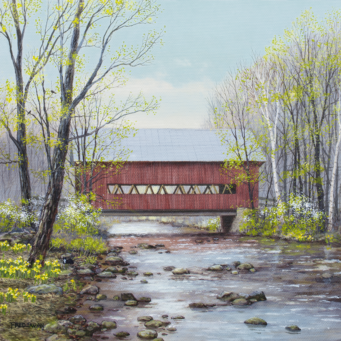 Stowe Covered Bridge Spring - American Realist Painting by Fred Swan