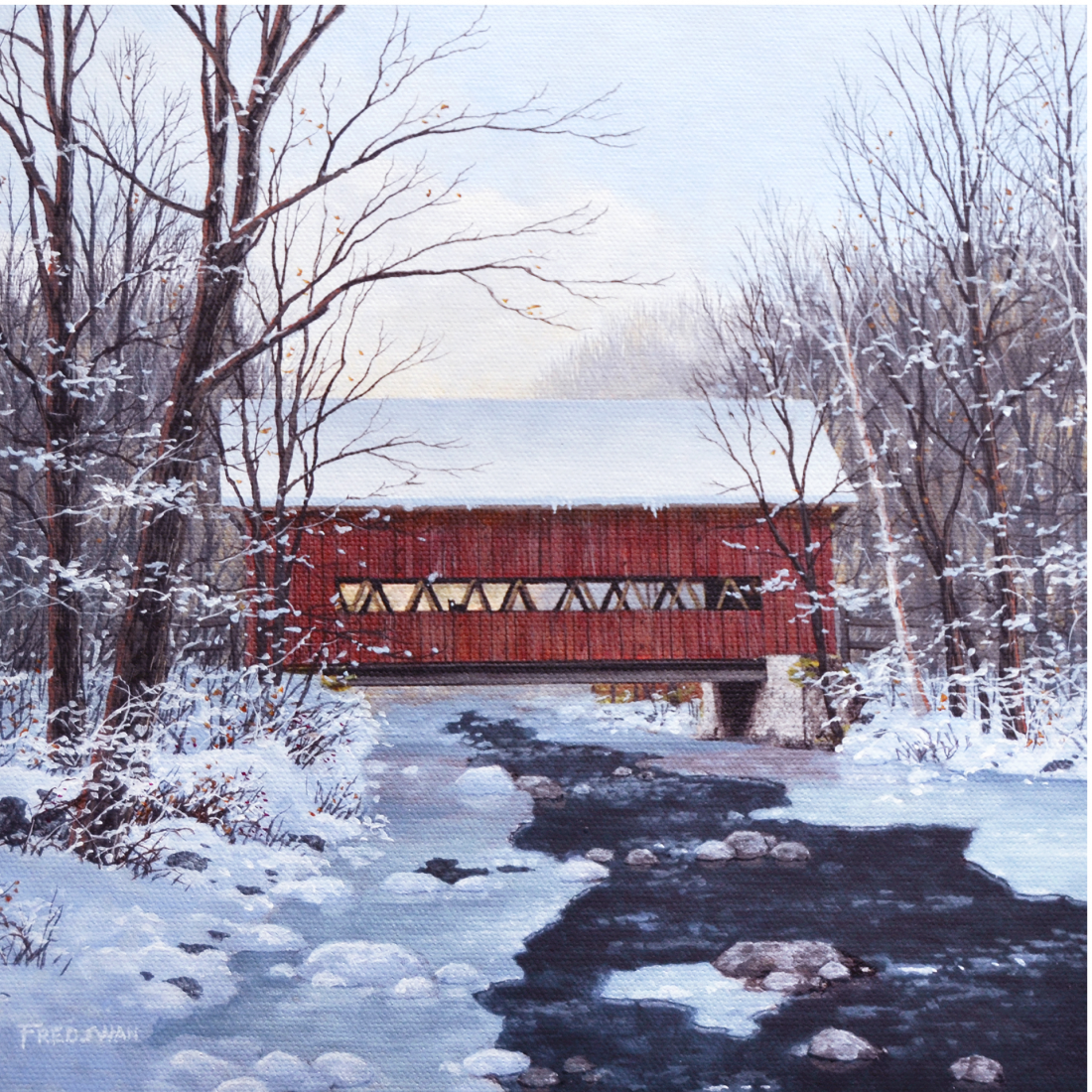 Stowe Covered Bridge Winter - American Realist Painting by Fred Swan