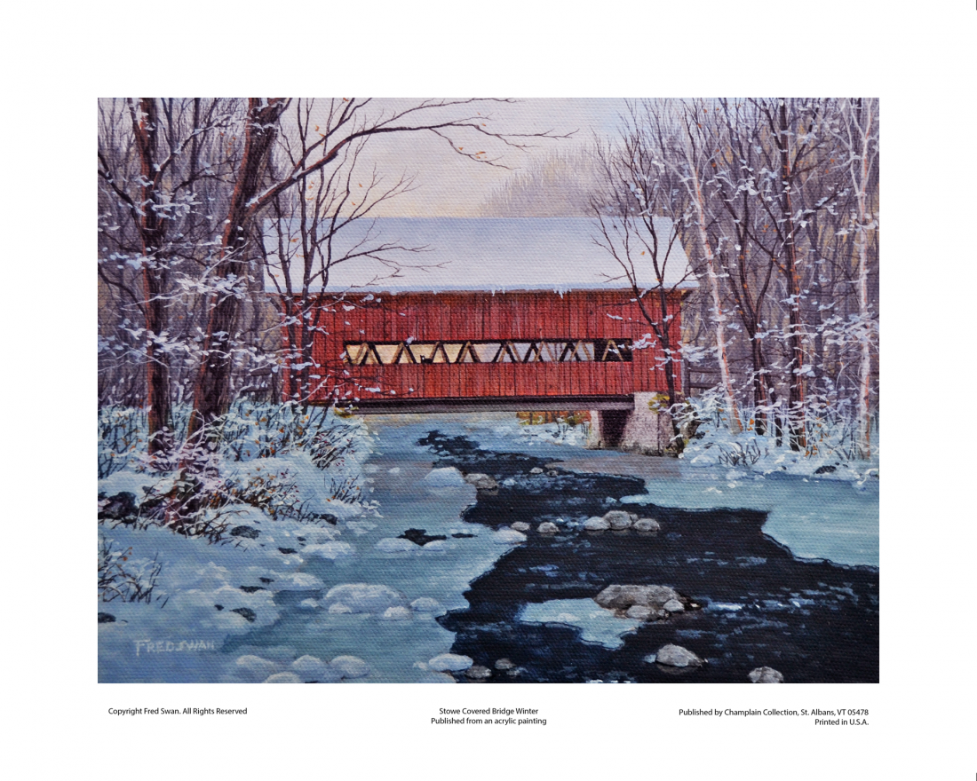 Stowe Covered Bridge Winter - American Realist Painting by Fred Swan