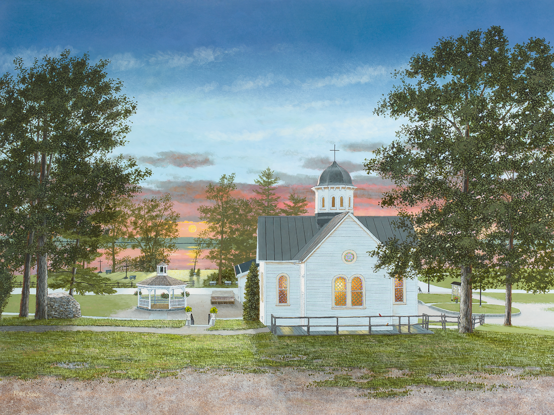 Sunset At Saint Anne's Shrine - American Realist Painting by Fred Swan