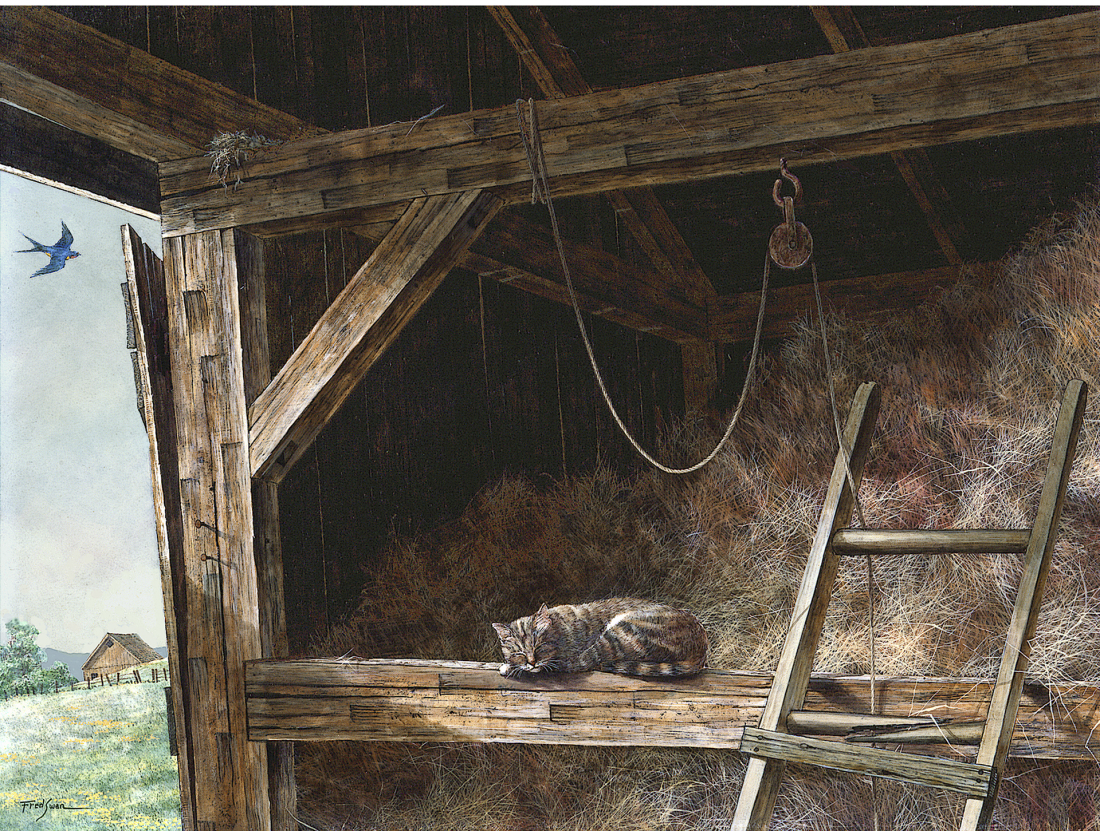 Barn Cat - American Realist Painting by Fred Swan