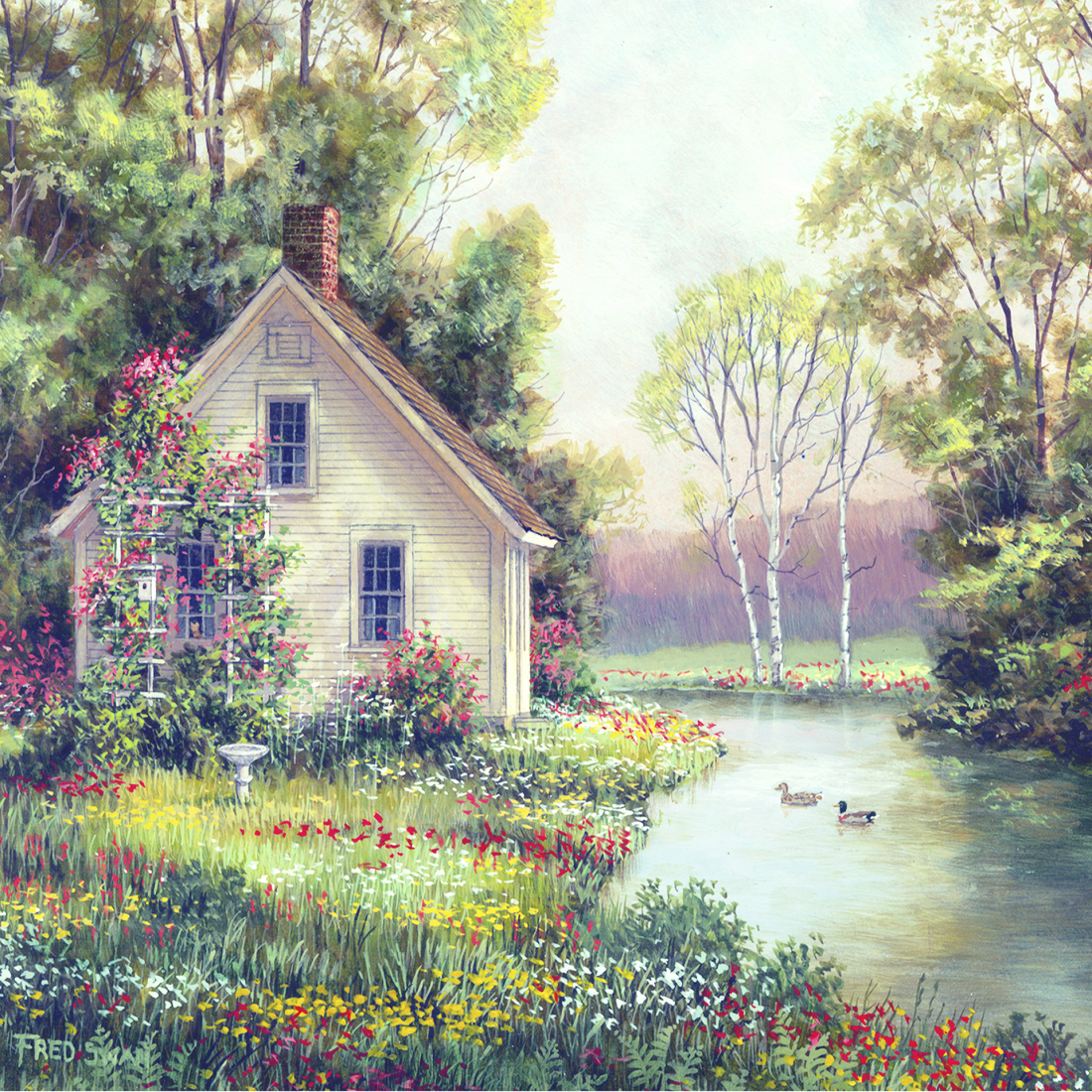 Flower Cottage - American Realist Painting by Fred Swan