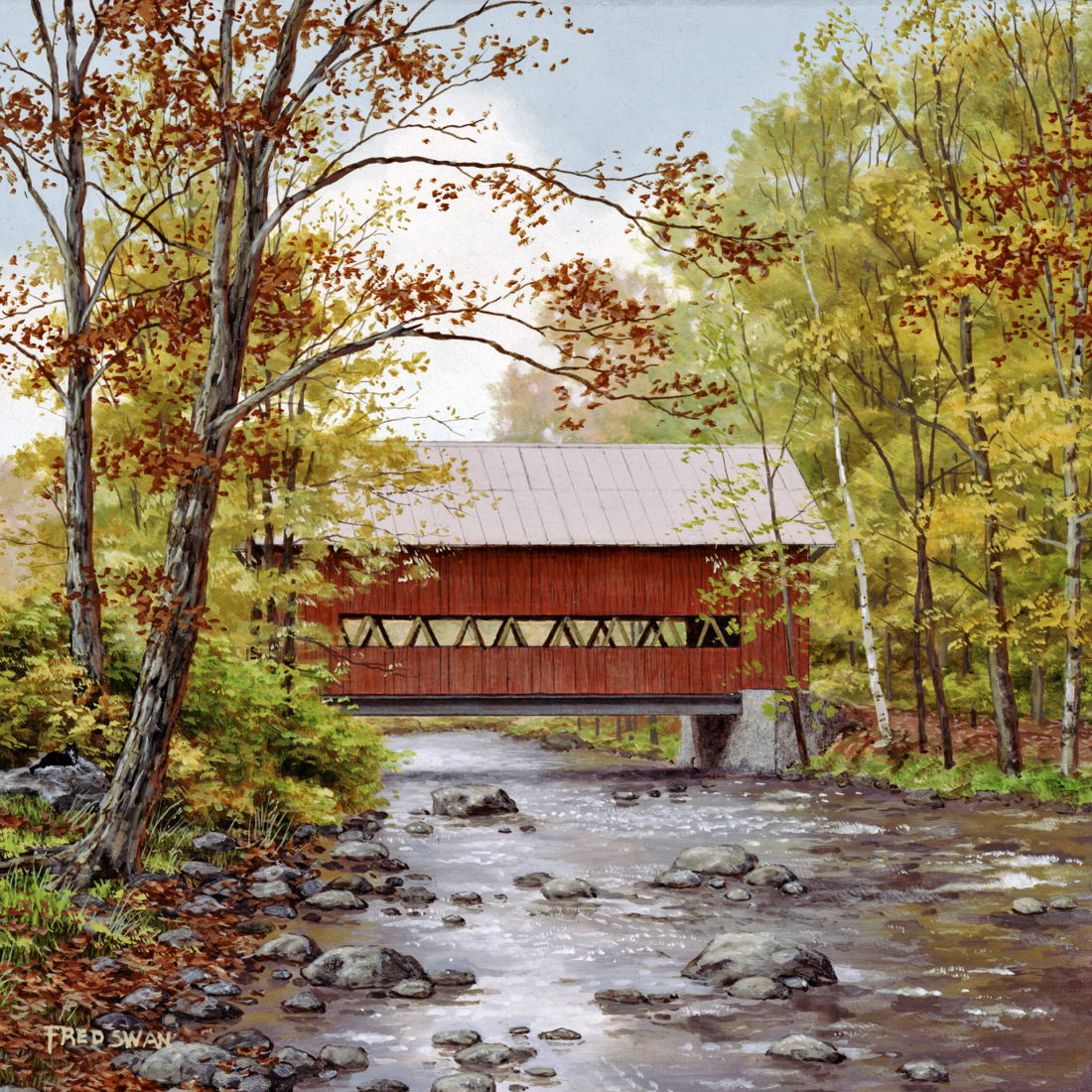 Stowe Covered Bridge Autumn - American Realist Painting by Fred Swan